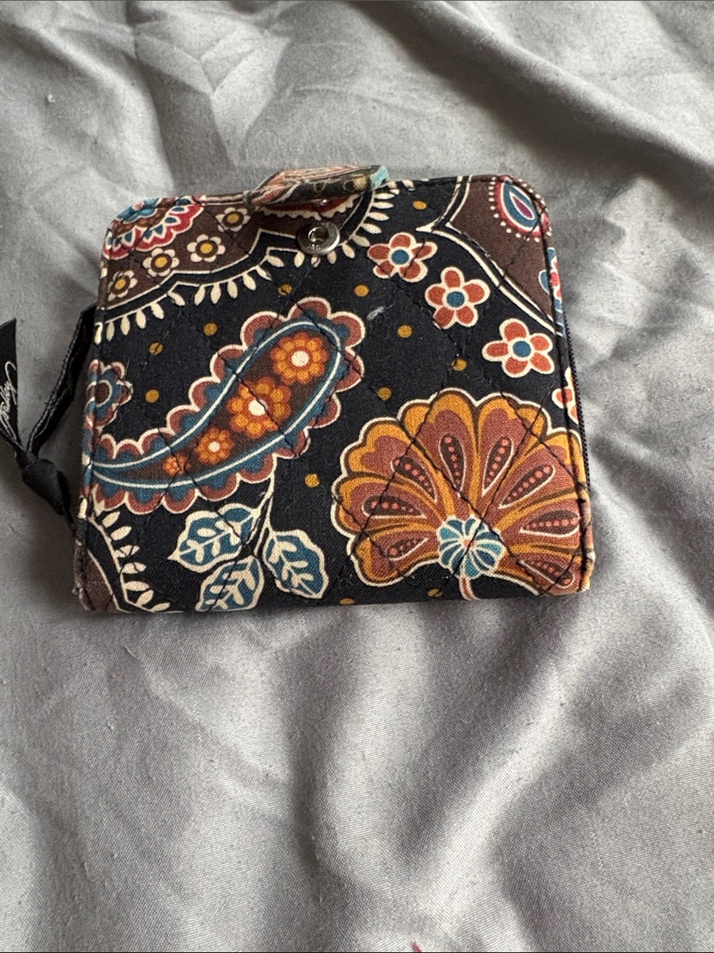 Vera Bradley Black Quilted Floral Paisley Wallet with Teal & Mustard Accents